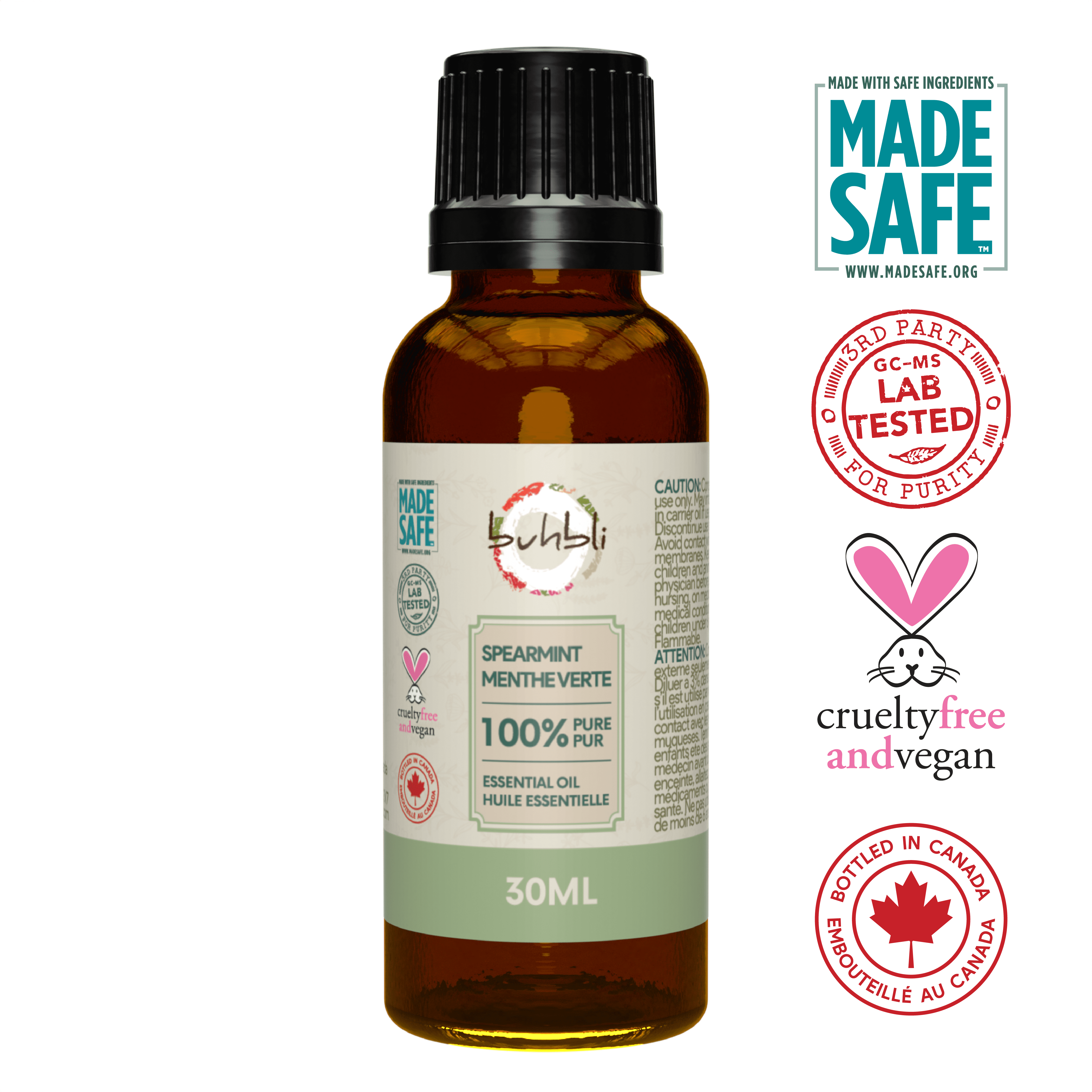 Buhbli Brands – Huile essentielle de menthe verte 100 % pure, 30 ml, entièrement naturelle et pure – Embouteillée au Canada
