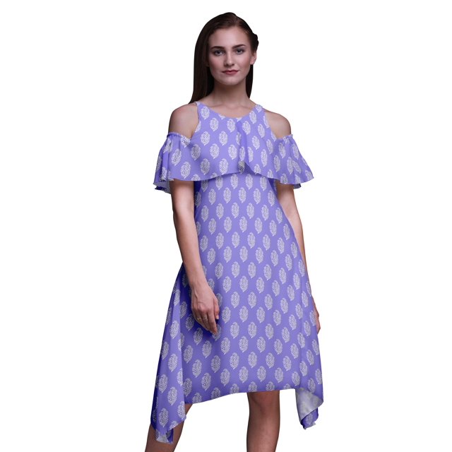 Bimba Block Print Womens Chic Style Cold Shoulder Shift Dress Summer Tunic -X-Small