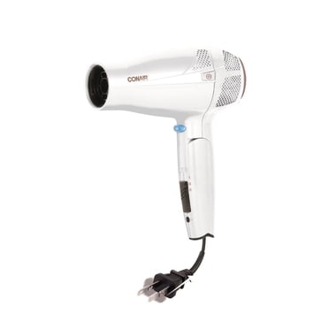 Conair Double Ceramic Mid‑Size Foldable Hair Dryer, Folding Handle & Retractable Cord, Dual Voltage, 1875W, White, 1 Pk