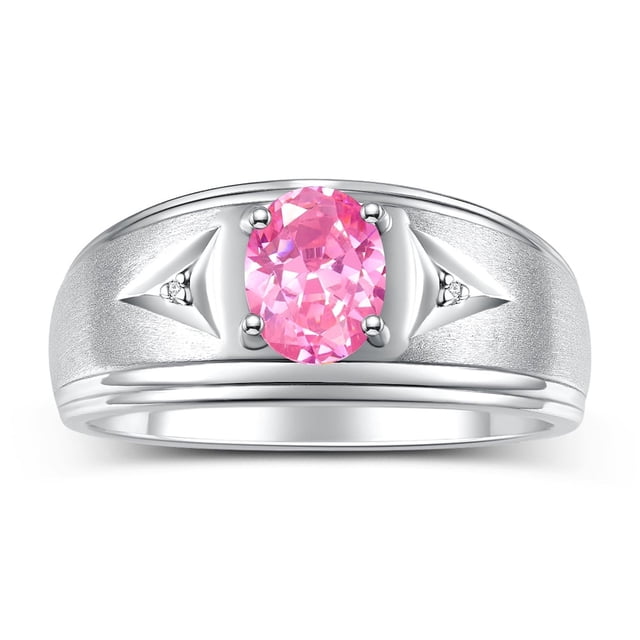 RYLOS Men's Rings Sterling Silver Classic 8X6MM Oval Gemstone & Diamond Ring Pink Ice October Birthstone Rings For Man Silver Rings Size 8