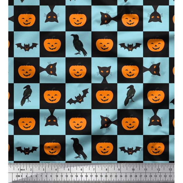 Soimoi Poly Georgette Fabric Pumpkin,Cat & Bat Halloween Print Fabric by Yard 42 Inch Wide