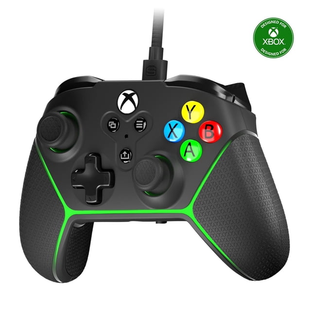 Surge Livewire Microwatt Junior Wired Controller - Black front view with textured grips and thumbsticks, green LED underglow, compact 20% smaller Xbox Series X and Series S controller featuring colored A, B, X, Y buttons, wired braided cable, and Xbox logo button.