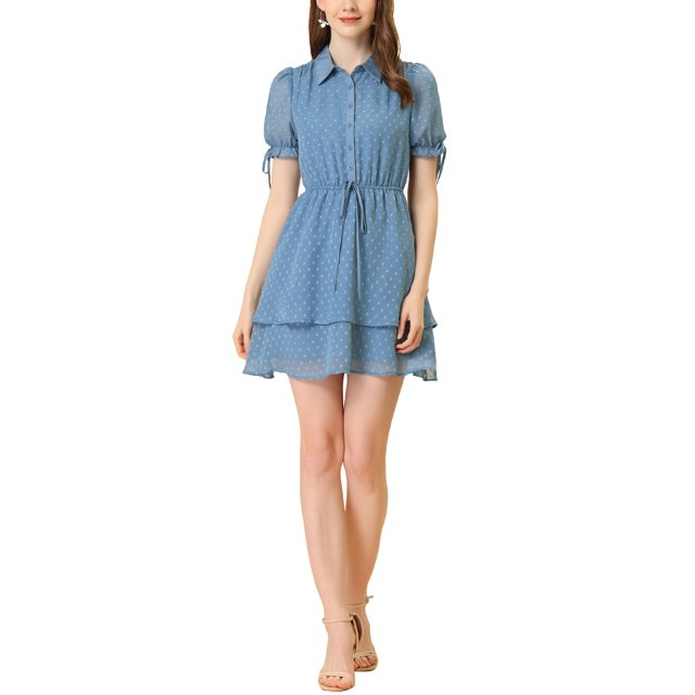 INSPIRE CHIC Robe pour Femme Col Peter Pan Poignets à Volants Robe Trapèze à Étages TG Gris Bleu