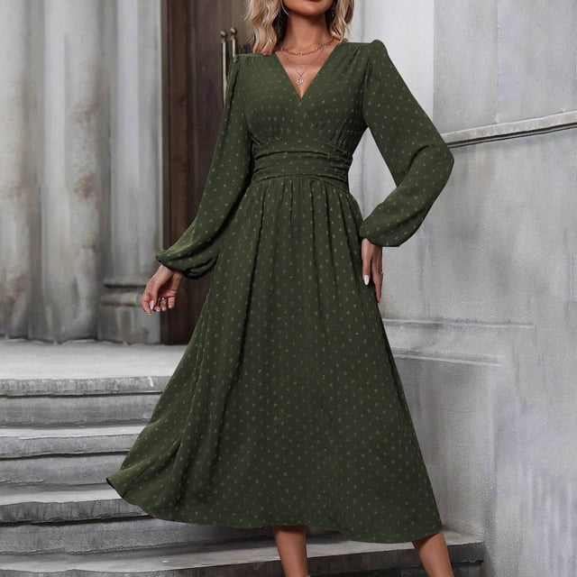 Ovzne Robes pour Femmes Robe Femme Nouvelle Robe à Col en V Couleur Unie Robe Boule en Laine avec Manches Lanterne Manches Longues Taille Plissée Jupe Longue Robe de Printemps Robes Longues à Manches Longues Liquidation