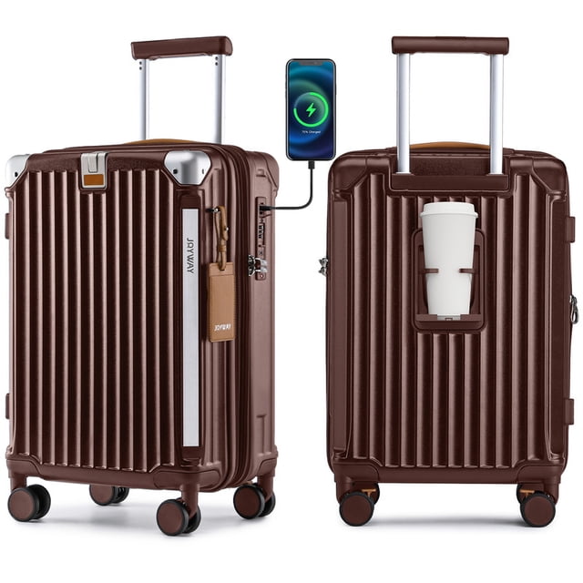 Joyway Valise Cabine Extensible Rigide de 20 Pouces en Fini Brun, avec un port USB pour le Chargement d'Appareils, Porte-Gobelet Intégré, Serrure Approuvée TSA, Rangement Extensible et Roues Pivotantes à 360 Degrés. le Bagage Comprend une Poignée Télescopique et une construction durable en PC+ABS pour un Voyage Léger. Montré avec un Téléphone Connecté au port USB et une Tasse Fixée dans le Porte-Gobelet.