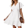 thumbnail image 1 of Offres jusqu'à 70 % de Rabais! Fashiopn Hauts d'Été pour Femmes 2024 Robes Grande Taille Manches Courtes Col en V Cordon Décontracté à Volants Robe Trapèze Courte Cadeau pour Femmes en Solde, 1 of 9