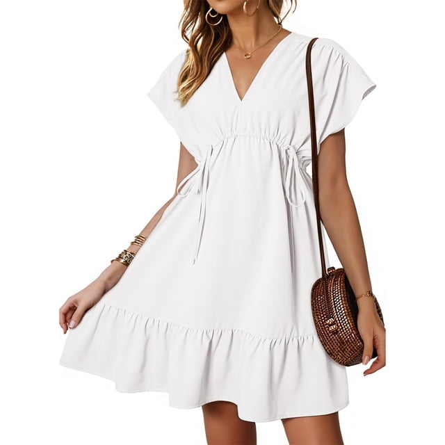 Offres jusqu'à 70 % de Rabais! Fashiopn Hauts d'Été pour Femmes 2024 Robes Grande Taille Manches Courtes Col en V Cordon Décontracté à Volants Robe Trapèze Courte Cadeau pour Femmes en Solde