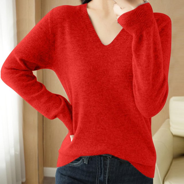 asjyhkr Tops For Women Long Sleeve Knit Cotton V Neck Sweater Pullover Basic T Shirts Solid Color