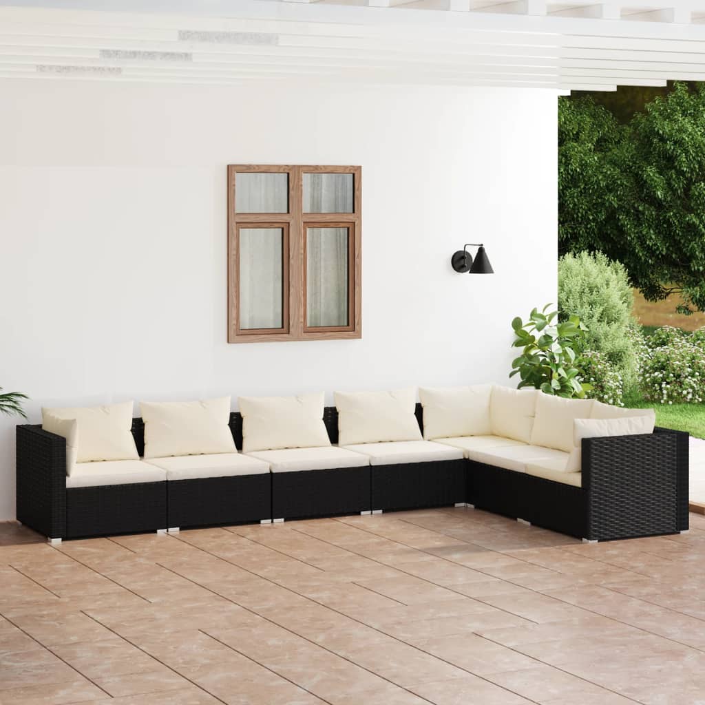 vidaXL 7 Piece Garden Lounge Set with Cushions Poly Rattan Black