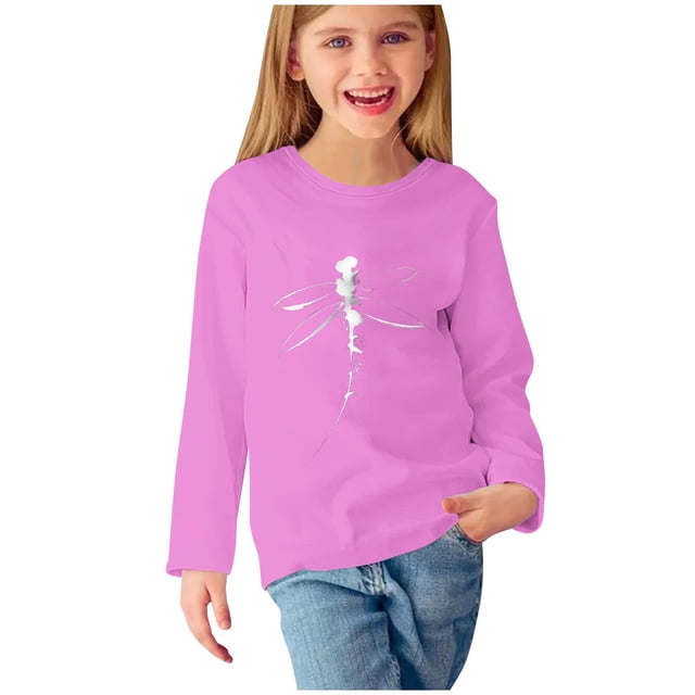 T-shirts à Manches Longues pour Filles, Col Rond, en Coton, Imprimé Libellule, T-Shirts Décontractés d'Automne et de Printemps, T-Shirts Graphiques Basiques pour Enfants (13 Ans, Rose)