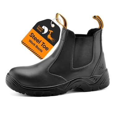 SAFETOE Men's Safety Boots with Lightweight Wide Fit Steel Toe Cap, Black Waterproof Slip On Cow Leather Work boots