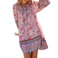 thumbnail image 3 of Womens Boho Floral Dresses V Neck Long Sleeve Ruffle Hem A-Line Mini Dress Beachwear, 3 of 6