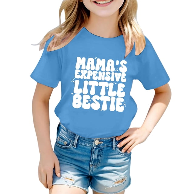 Girls Softball under Shirts Ruffle Girl Clothes Children's Casual Letter Pattern Print Multicolor Round Neck Short Sleeves