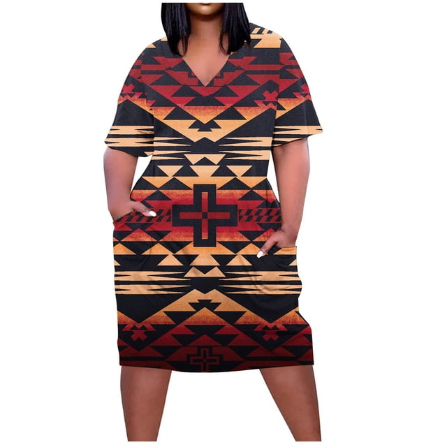 Birdeem Robe Grande Taille pour Femmes Col en V Été Décontractée Robes d'Été Poche Genou Manches Courtes avec Poches