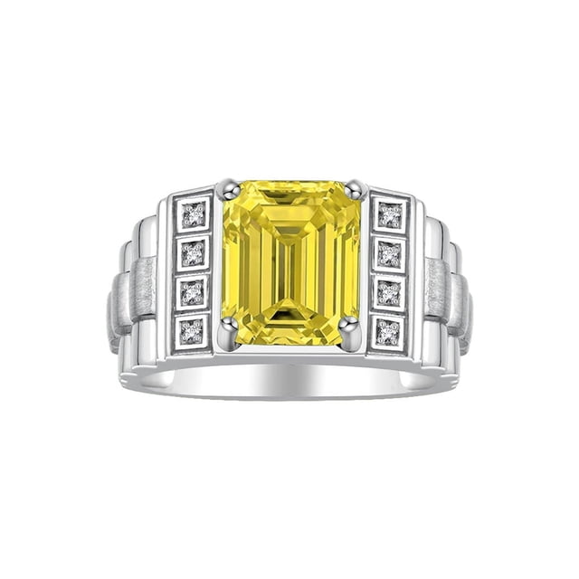 RYLOS Men's Rings 14K White Gold Designer Style 10X8MM Emerald Cut Shape Gemstone & Diamonds Citrine November Birthstone Rings For Men Size 10