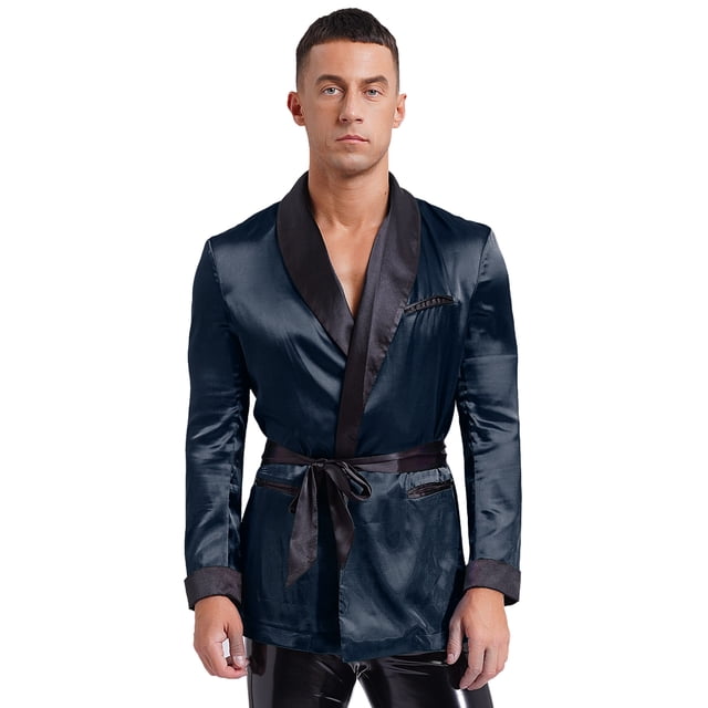 Miaeowve Men Short Satin Smoking Jacket Robe Lightweight Dinner Jacket Cigar Jacket House Kimono Bathrobe Navy Blue XXL