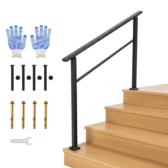 Main Courante en Métal – Ajustable pour 2 à 6 Marches – Rampe d'Escalier de Terrasse Noire – Porche, Extérieur et Intérieur – Trousse d'Installation Bricolage