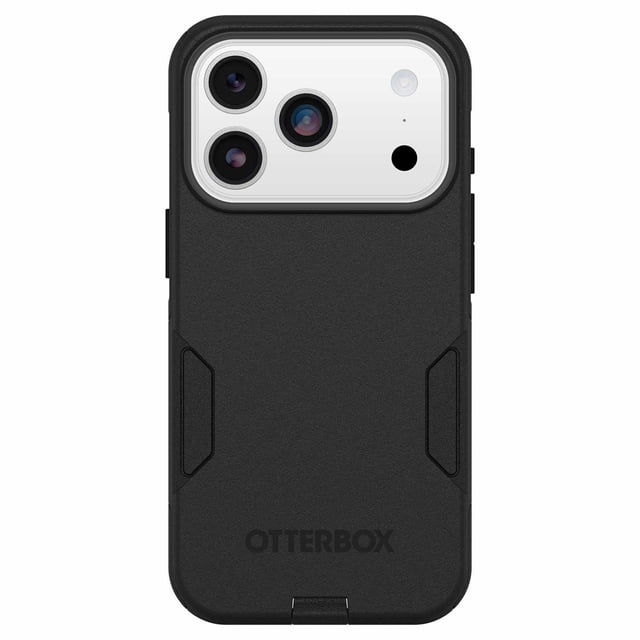 OtterBox Commuter MagSafe Case w/Camera Control Black for iPhone 17 Pro showing a slim, rugged black dual-layer design with textured sides, precise cutouts for the triple camera, built-in MagSafe magnets, and port covers for dust protection, suitable for everyday drop defense and MagSafe charging.