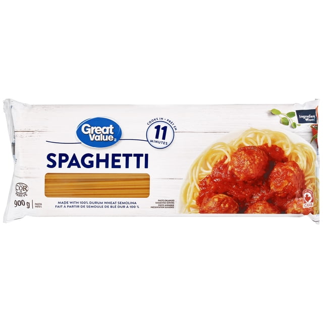 Great Value Pâtes Spaghetti 900 g, Sachet Fait avec 100 % de Semoule de Blé Dur, Présentant des Spaghetti Jaunes Secs Visibles à Travers une Fenêtre Transparente et une suggestion de Service de Spaghetti avec sauce Tomate et Boulettes de Viande, Cuit en 11 minutes, Convient à des Repas Rapides et Polyvalents.