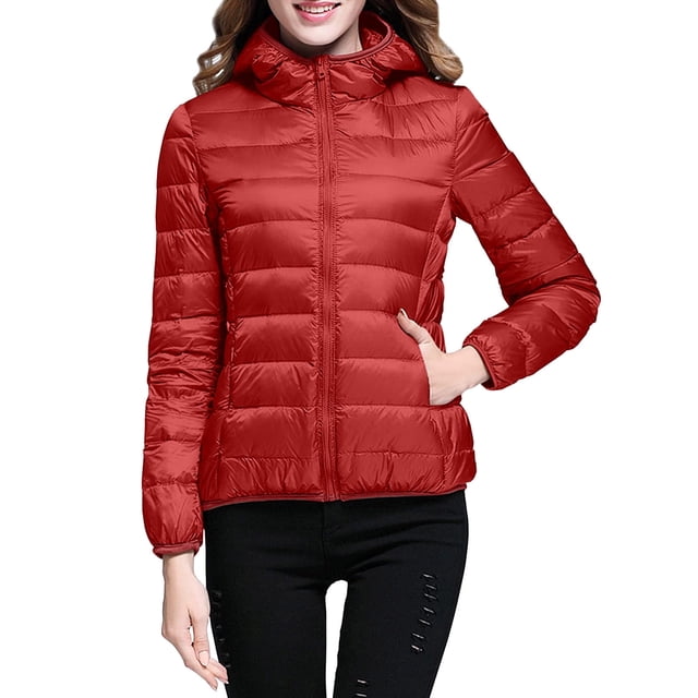 Packable down Jacket, Lightweight Hooded Puffer, White Duck down Coat Red L , Coat
