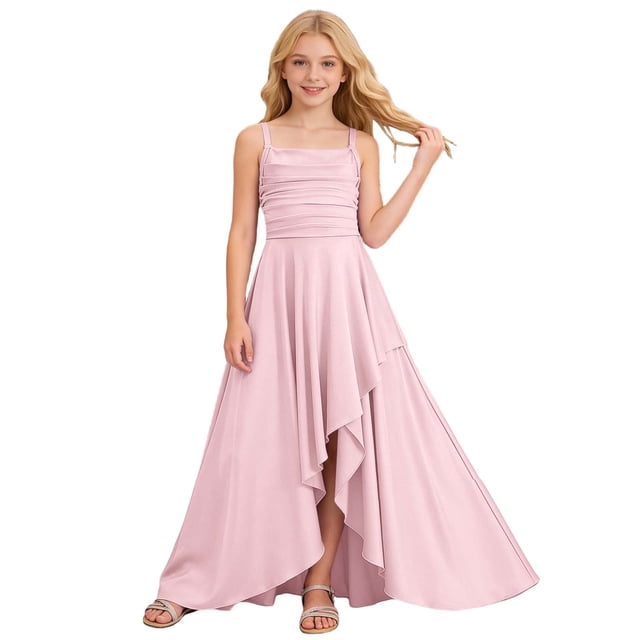 FYDUU Girls Maxi Dresses Ruffle Hem Ruched Criss-Cross Sleeveless Flower Girl Dress Formal Wedding Party Gown A-Line Flowy Cami Sundress Soft Spring Dresses