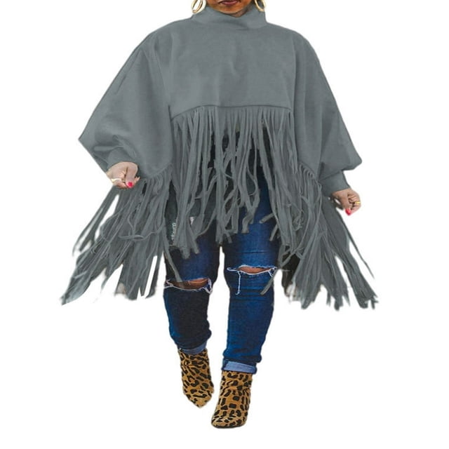 Womens Turtleneck Fringe Tops Solid Color Batwing Sleeve Plus Size Poncho Oversized Tassel Sweatshirt