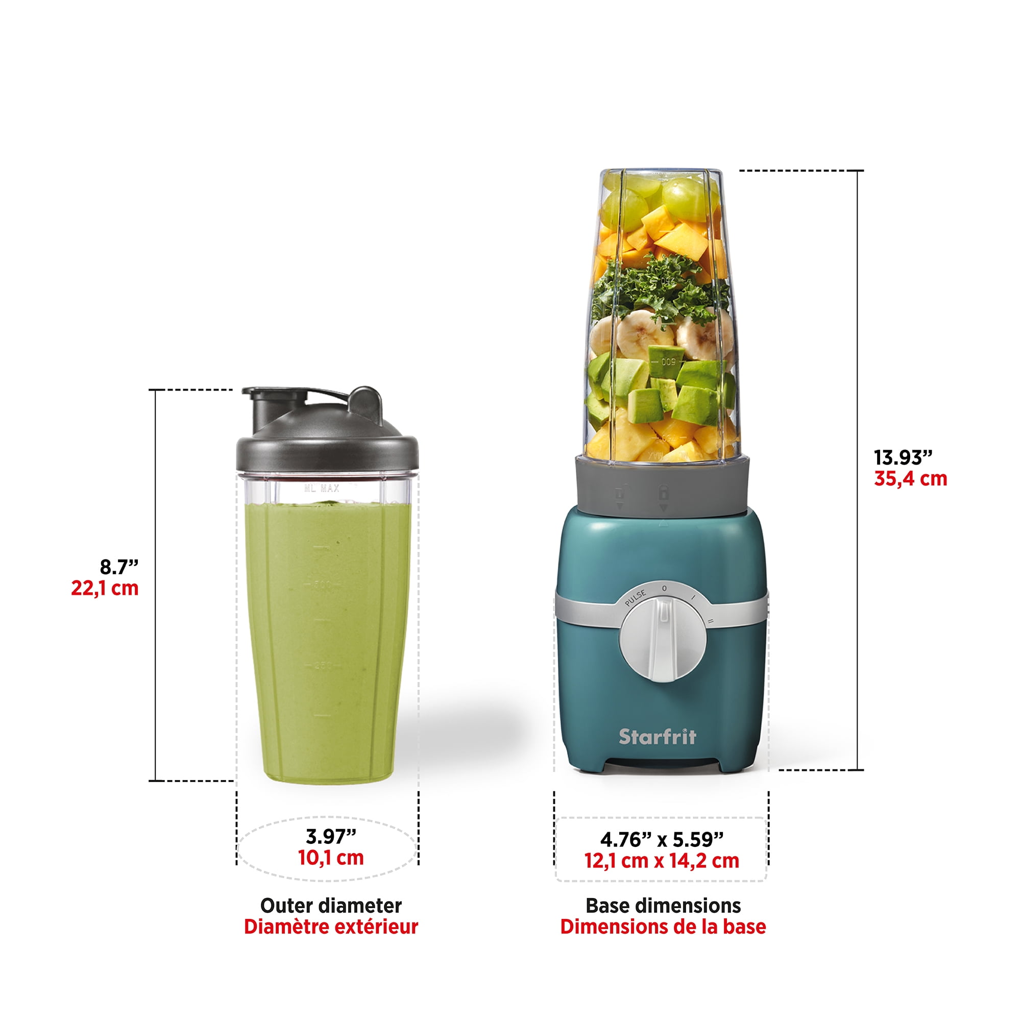 Starfrit Mélangeur Personnel, Deux Gobelets de 828ml, Lame en Acier Inoxydable, Modes Élevé, Faible et Pulsé, 300W, Sarcelle