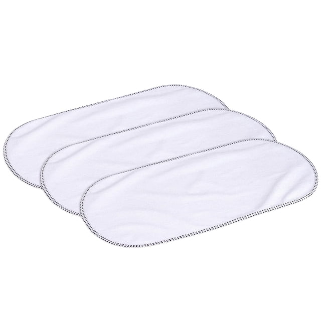 Munchkin Waterproof Changing Pad Liners, 3 Pack, showing three white, oval-shaped liners with black stitched edges, each measuring 22.75 by 11.5 inches, made of 100% polyester with PVC-free waterproof backing to protect baby changing pads and bassinets from leaks and messes.