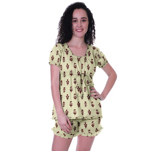 Moomaya Pyjama en Coton pour Femmes, Ensemble de Nuit 2 Pcs avec Shorts, Ensembles de Pyjama avec Shorts