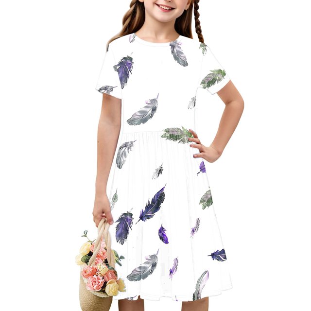 Soldes de Liquidation Aujourd'hui Offres Iumwxz Robe Décontractée Trapèze Robe Tunique pour Adolescentes Robes Col Rond Mignonne à Motif Robe à Manches Courtes pour Filles Robes Ravissantes pour Fête 4-14a