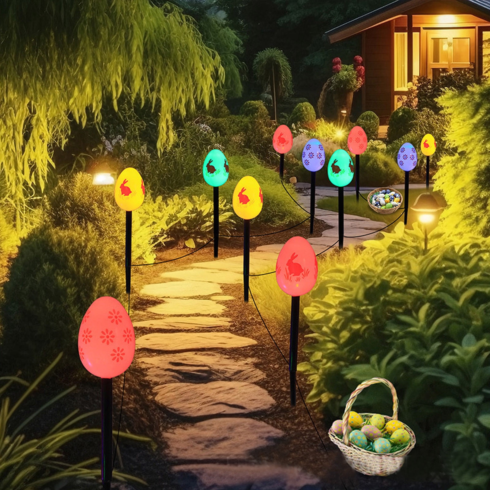 AYktou Easter Decorations,Easter Basket Stuffers,LED Easter Solar Lights Easter Classic Eggs Elementals Solar Ground Lights Holiday Outdoor Garden Yard Decoration One Tow Five Holiday Solar Lights