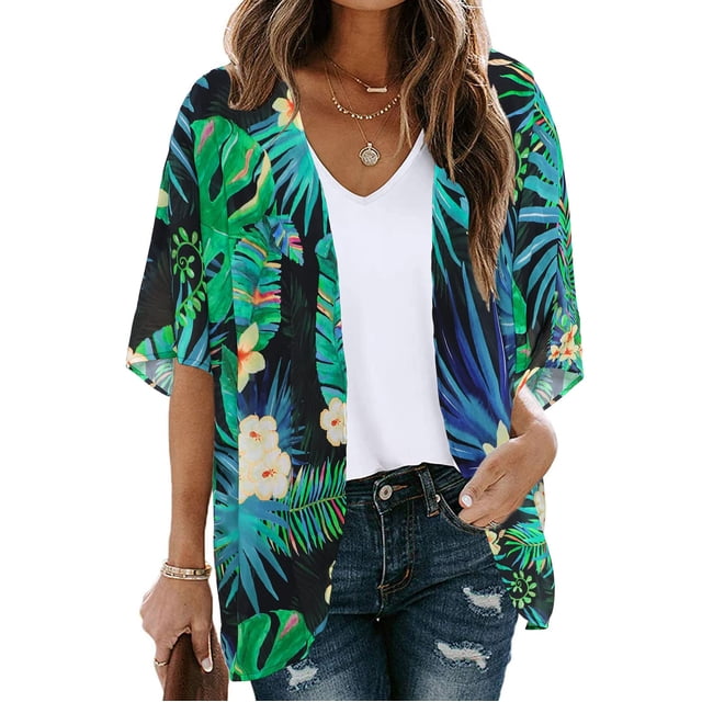 TIMIFIS Women Chiffon Printed Cardigan Kimono Robe Tops Beach Bikini Cover up Blouse-Green-1-XXXXLFall