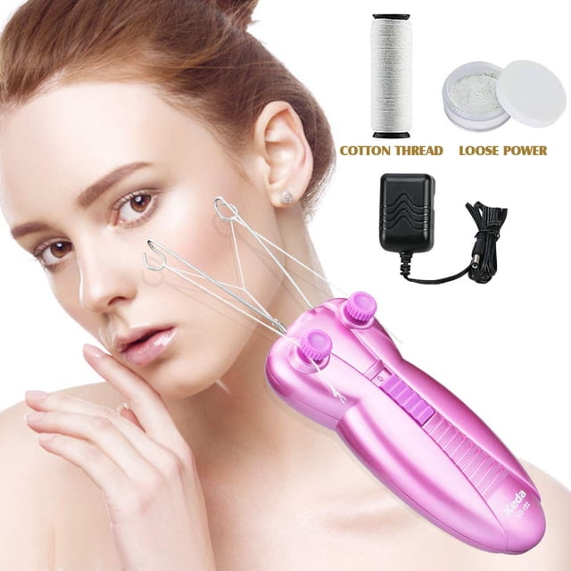 Electric Facial Hair Remover - Cordless Women's Facial Threading Epilator in pink, featuring a butterfly design for easy grip. The device uses a physical threading technique for painless hair removal, suitable for all skin types. Includes a power cord, cotton thread, and loose powder for effective use. Compact and portable, ideal for removing facial, arm, and leg hair. Comes with a hairband for added safety and convenience.