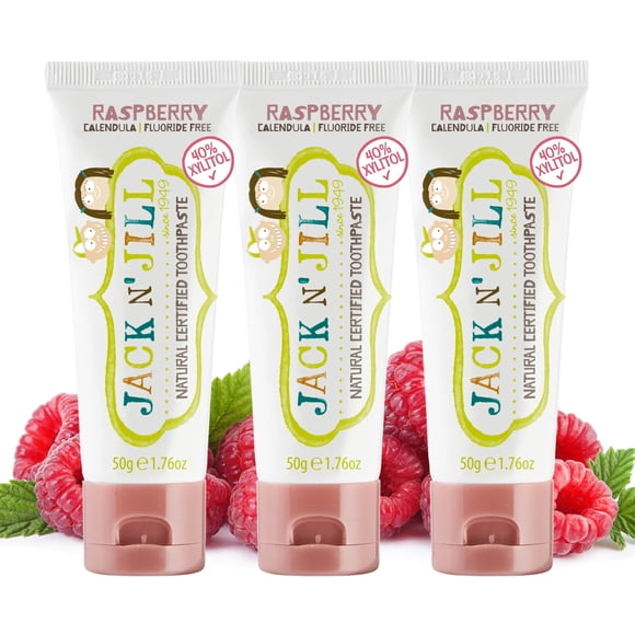 Jack N' Jill Natural Toddler Toothpaste - Fluoride Free Training Toothpaste for Toddlers 1-3, 40% Xylitol, BPA Free - Raspberry, 1.76 oz (Pack of 3)