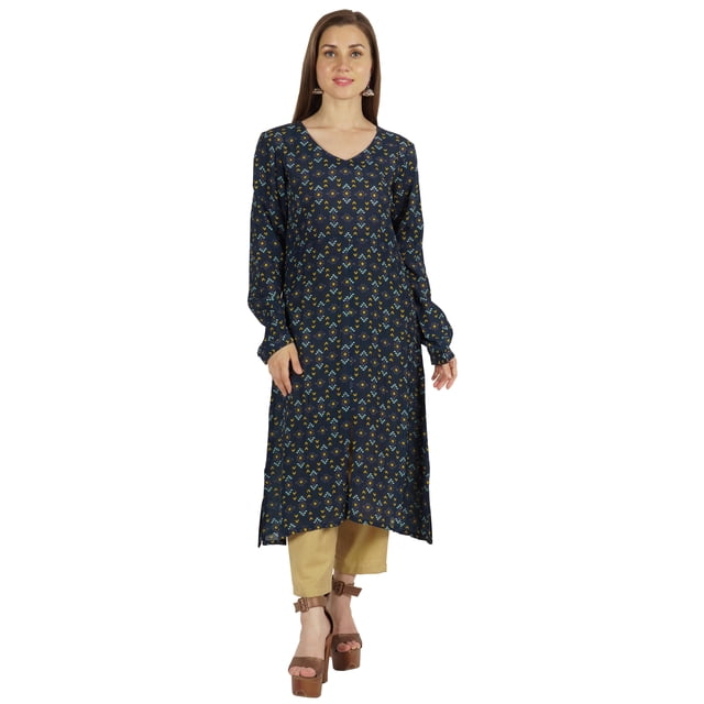 Moomaya Kurti Ligne A à Manches Longues Imprimées pour Femmes, Rayonne Froissée, Blouse Ethnique Indienne de Designer