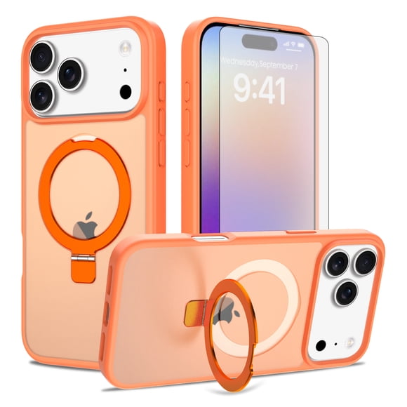 Asuwish Phone Case for iPhone 17 Pro 6.3 inch Tempered Glass Screen Protector Magnetic Folding Stand Frosted Translucent Rugged Shockproof Protective Cell Cover i Phone17 i17 17Pro Women Men Orange