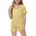 thumbnail image 1 of WEIYLL Ensembles de Pyjamas pour Filles Été Couleur Unie Manches Courtes Col Rabattu Shorts Classiques en Soie 2 Pcs Tenue de Nuit 2-3 Ans, 1 of 3