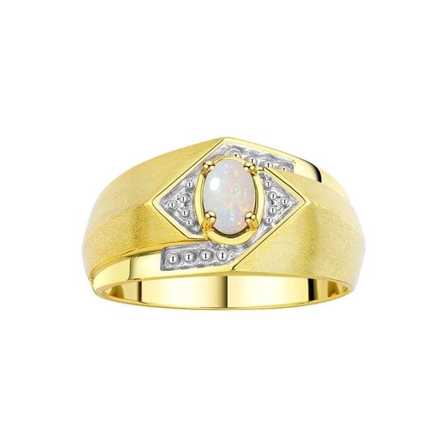 RYLOS Mens Rings Yellow Gold Plated Silver Ring 6X4MM Oval Shape Gemstone & Diamond Ring Opal October Birthstone Rings For Man Silver Rings, Size 9