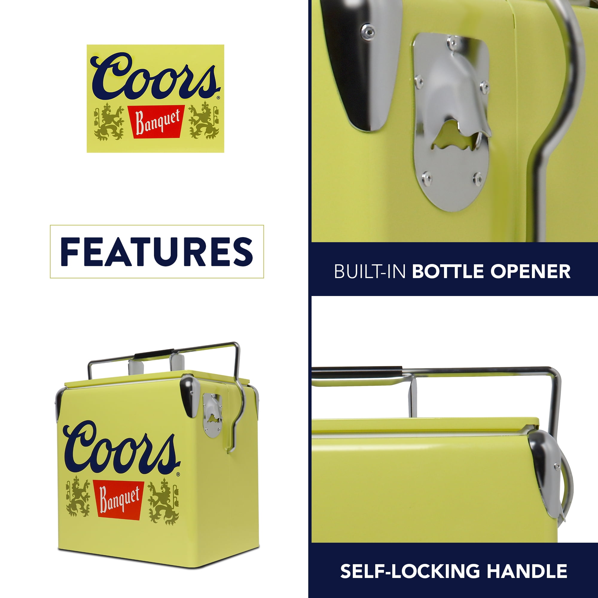 Coors Banquet 14-Quart Retro Ice Chest Cooler with Bottle Opener, 13L, Yellow/Silver
