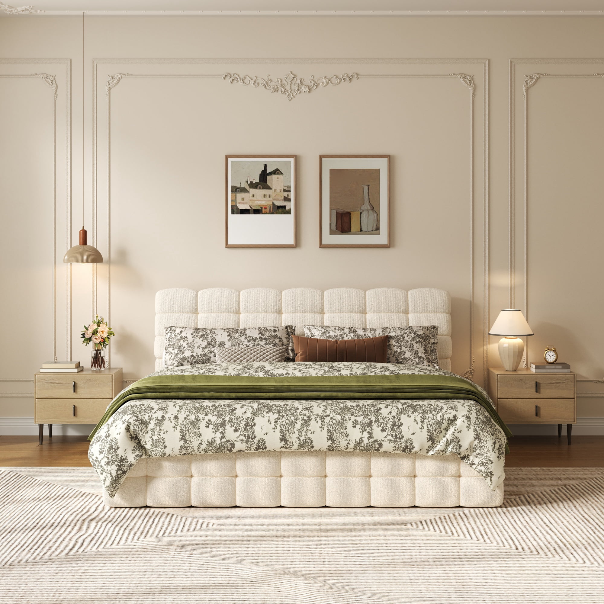 Noble House Queen Size Storage Bed Frame with Lift Up & Hydraulic Storage,Bouclé Platform Bed with Tufted Headboard & Wood Slats,Cream White