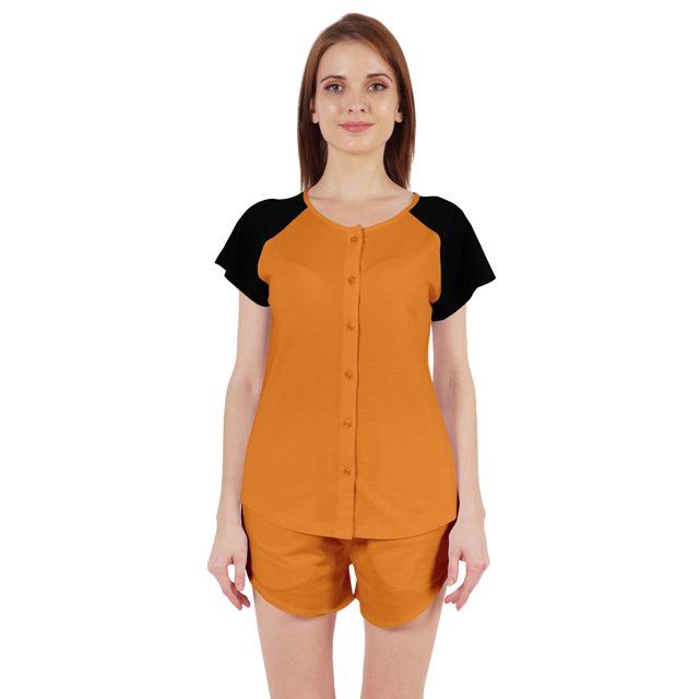 Inkmeso Solid 2 Pc Nightwear Set For Women Raglan Sleeves Button-Down Top & Shorts Sleepwear-33