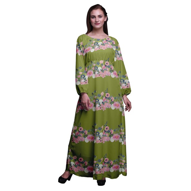 Bimba Moss Georgette Ranunculus & Chrysanthemum Floral Print Womens Long Elastic Waist Casual Summer MaxiDress-XSmall