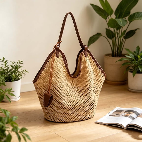 Dvkptbk Sac Fourre-Tout à Poignée Nouée pour Femme, Sac à Main Naturel et Décontracté, Sac Tissé en Forme d'Éventail, Poignée Polyvalente en Cuir Brun, Sac à Main de Plage et de Voyage