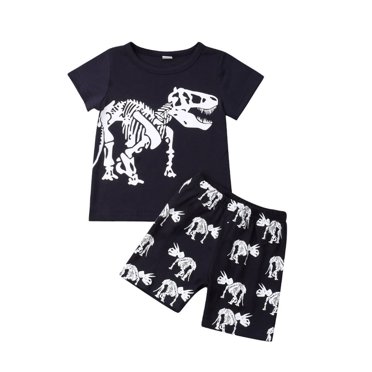Ensemble 2 Pcs pour Petit Garçon, T-shirt à Manches Courtes à Col, Imprimé Dinosaure + Short, Vêtements d'Été