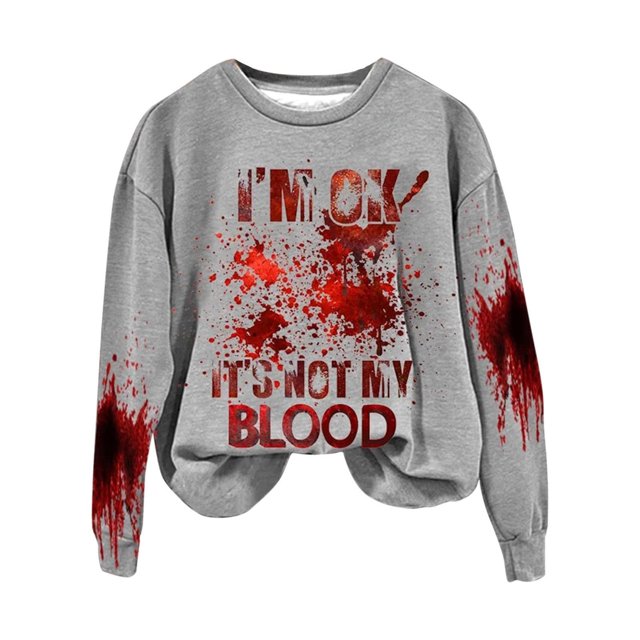 Rbaofujie Chandails pour Femmes Halloween Mode Chandail Décontracté pour Femmes à Manches Longues à Col Rond Imprimé Chandail pour Dames Hauts Blouse Gris Chandails à Capuche Graphiques