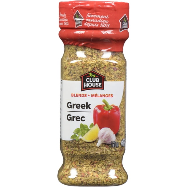 Club House , Mélange Signature, Grec, Bouteille d'Assaisonnement 120 g avec Bouchon Rouge, Présentant des images d'Étiquette de Poivron Rouge, Quartier de Citron, Ail et Herbes, Parfait pour des Plats Grecs Méditerranéens comme le Poulet, le Porc, les Légumes, les vinaigrettes et les marinades.