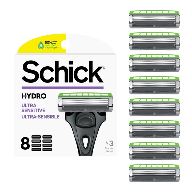 Schick Hydro Ultra Sensitive Refill 8 Razor Refills featuring a white package with black and purple text, a black razor handle with a green and silver 3-blade cartridge, and eight individual refills with aloe-enriched gel pools to soothe sensitive skin and prevent irritation, suitable for close, comfortable men’s shaving.