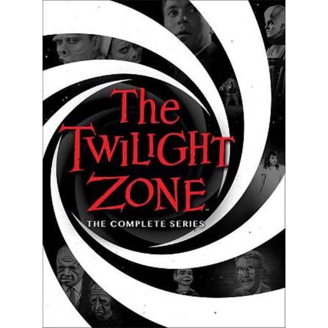 Twilight Zone: The Complete Series DVD cover featuring a black-and-white spiral design with red text displaying the title. The background includes faint images of characters from the iconic science fiction series.