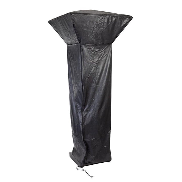 Paramount Full Length Outdoor Square Patio Heater Vinyl Cover in black water-resistant vinyl with fabric ties, designed to protect and fit square reflector patio heaters, shown front-facing on white background, suitable for outdoor heating covers and patio heater protection.