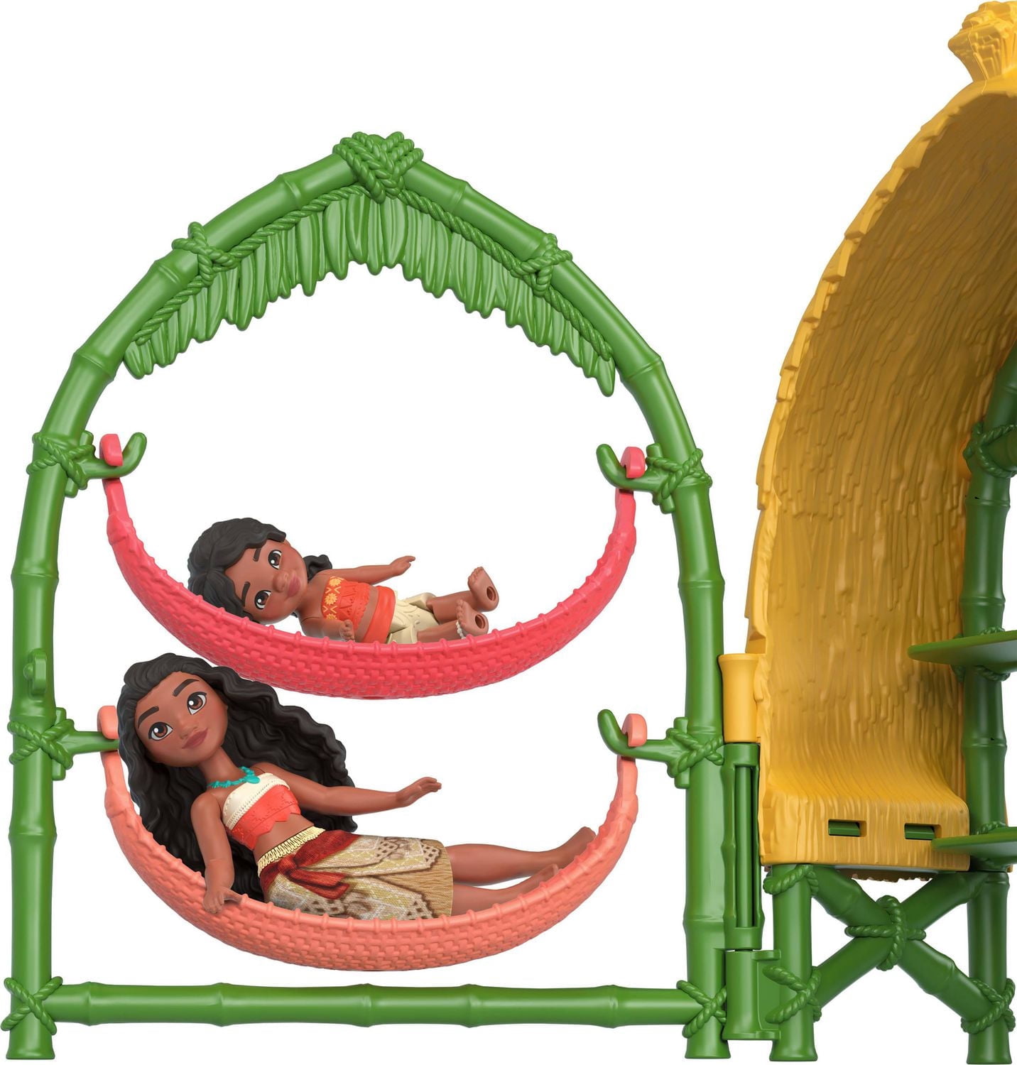 Jouets Moana 2 de Disney de Mattel, coffret de jeu Maison de village de Moana et Simea avec 2 petites poupées, figurine Pua et 15 accessoires